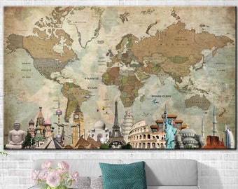 Push Pin Mappa del mondo Wall Art Originale Beige Marrone Mappa del Mondo Arte Moderna Mappa di viaggio Multi Pannello Stampa per Soggiorno Wall Decor