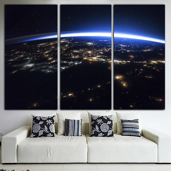 Earth Planet Print on Canvas Space Poster Earth Night Print Multi Panel Wall Art Galaxy Print Space Wall Art for Nursery Room Decor