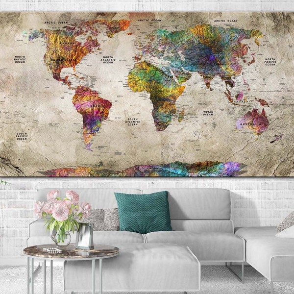 World Map Canvas Wall Art Beige World Map Print on Canvas Geographical Map of the World Multi Panel Print Travel World Map Print Wall Decor
