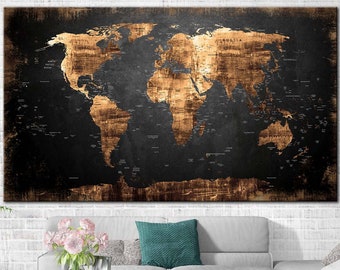 Stylized Travel Map Black Map World Map Print Gold Art Printed Canvas Set Print Map Set Prints Wall Art Set Living Room Wall Print