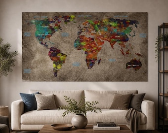 Grande toile colorée de carte du monde, art mural abstrait vintage de l'Atlas, idée cadeau de voyage