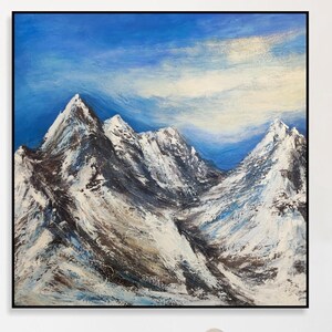 Textured Snowy Mountain Painting: Handmade Blue & White Canvas Art (36&quot;x36&quot;)