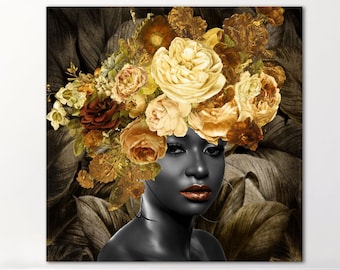 Floral Head Woman Print on Canvas African Woman Canvas Magic Wall Art Wall Hanging Decor Woman with Flower Head Poster for Aesthetic Decor