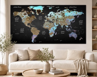 Grote donkere wereldkaart canvas, zwarte atlas muurkunstprint voor modern reizen woondecoratie