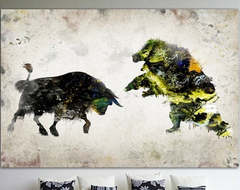 Bull And Bear Canvas Wall Art Wall Street Art Multi Panel Print Beige Background Art Stock Exchange Wall Art for Living Room Wall Decor