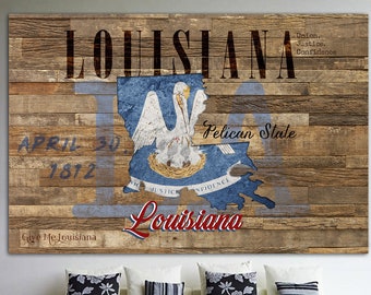 Louisiana State Flag Canvas Print Map on Wooden Background Multi Panel Wall Art Travelers' Gift Wall Hanging Decor for Home Or Office