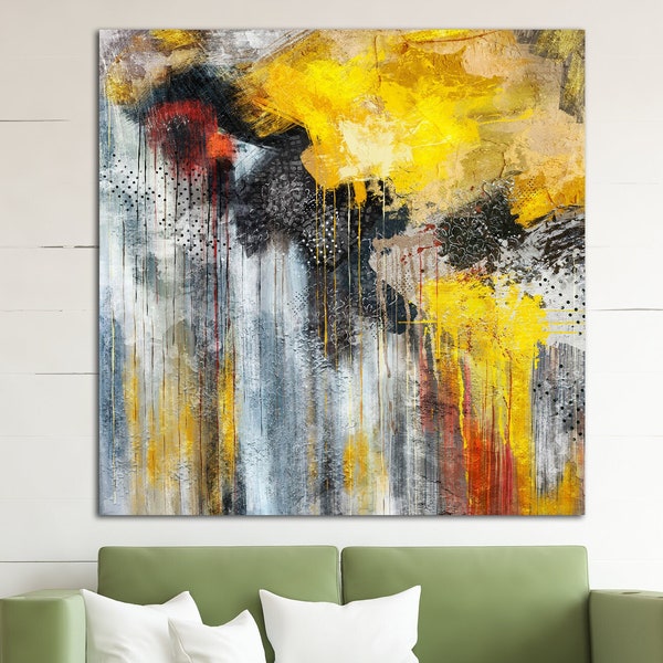 Abstract Colorful Print On Canvas Original Yellow Wall Art Creative Wall Hanging Decor Textured Art Modern Unique Print for Living Room
