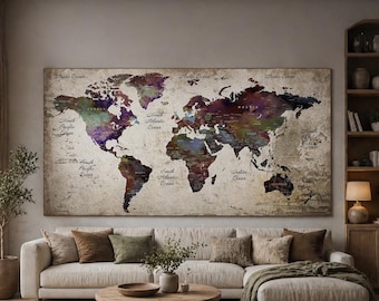 Grote aquarel wereldkaart canvas rustieke reis muurkunst vintage wereldbol decor kantoor cadeau