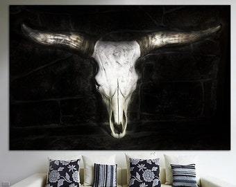 Bull Skull Print on Canvas Big Horns Wall Art Animal Skull Poster Multi Panel Wall Art Buffalo Horns Print for Indie Room Decor