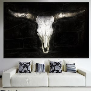 Bull Skull Print on Canvas Big Horns Wall Art Animal Skull Poster Multi Panel Wall Art Buffalo Horns Print for Indie Room Decor image 1