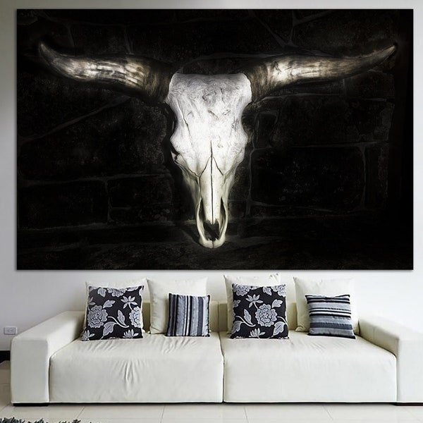 Bull Skull Print on Canvas Big Horns Wall Art Animal Skull Poster Multi Panel Wall Art Buffalo Horns Print for Indie Room Decor