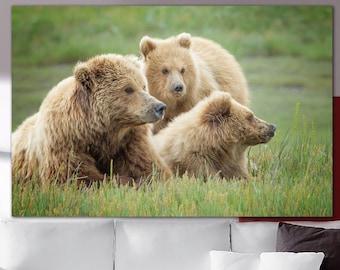 Bear Family Print on Canvas Animal Art Poster Multi Panel Wall Art Wild Animal Photo Print Wildlife Wall Art for Modern Bar Decor