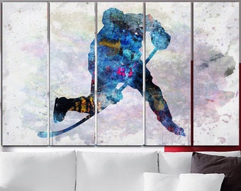 Hockey Player Print on Canvas Watercolor Sportsman Wall Art Hockey Player Poster Multi Panel Wall Art Hockey Poster Ice Rink Print