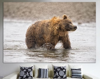 Grizzly Bear Print on Canvas Large Bear Poster Multi Panel Wall Art Wild Animal Poster Forest Animal Wall Art for Lake House Decor