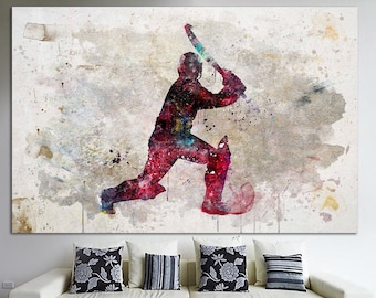 Abstract Cricket Player Print on Canvas Sport Motivation Poster Multi Panel Wall Art Watercolor Print Cricket Wall Art for Bar Decor