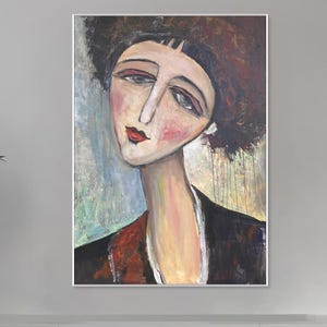 Pintura de retrato abstrata expressiva – Arte figurativa feminina inspirada em Modigliani sobre tela