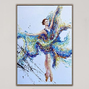 Ballerina Painting: Abstract Impasto Art, Blue and Yellow Dance Decor