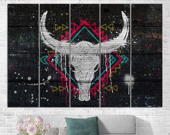 Animal Skull Wall Art Skull Bull Print on Canvas Boho Style Poster Multi Panel Wall Art Southwester Wall Decor Wall Hanging Decor