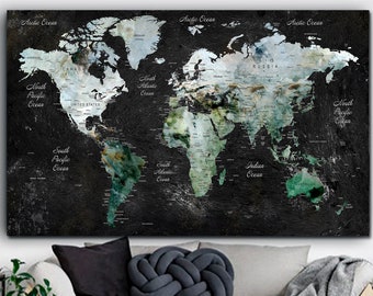 Black World Map Canvas Wall Art Original Map Of The World Multi Panel Print Modern Educational Map Adventure Map for Living Room Wall Deocr