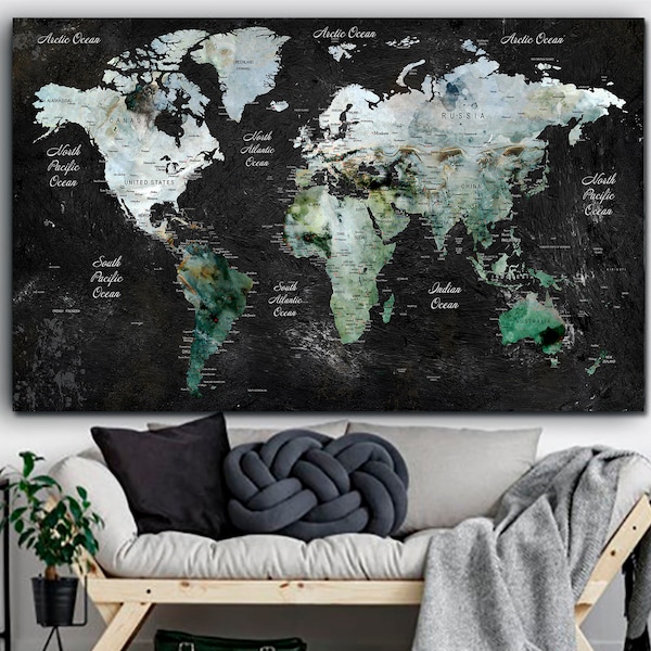 Black World Map Canvas Wall Art Original Map Of The World Multi Panel Print Modern Educational Map Adventure Map for Living Room Wall Deocr