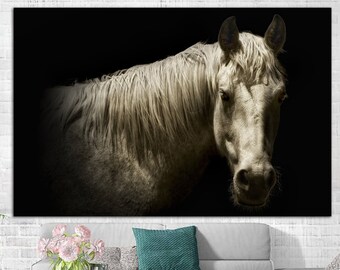 White Horse Wall Art Canvas Wild Horse Photo Print Black Background Poster Multi Panel Wall Art Animal Print for Lake House Decor