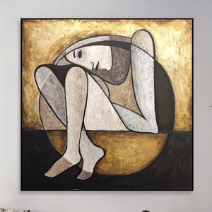 Original Cubist Woman Painting Gold Figure Neutral Geometric Wall Decor
