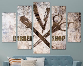 Barber Shop Sign Print on Canvas Salon Art Print Barber Logo Poster Hairdressers Shop Print Vintage Looking Sign Wall Art for Salon Decor