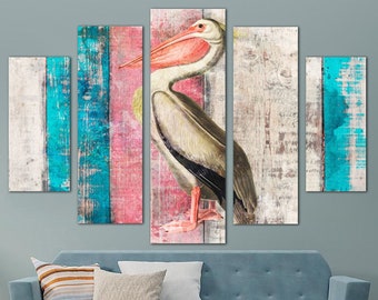 Abstract Pelican Print on Canvas Bird Poster Wall Art White Pelican Illustration Multi Panel Print for Lake House Wall Hanging Decor