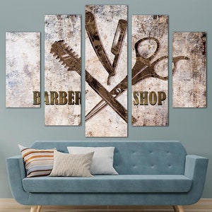 Barber Shop Sign Print on Canvas Salon Art Print Barber Logo Poster Hairdressers Shop Print Vintage Looking Sign Wall Art for Salon Decor 画像 1