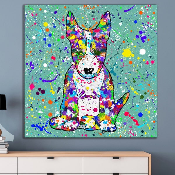 Abstrakter farbenfroher Hund Druck auf Leinwand Original Haustier Poster Bull Terrier Kunst Wanddeko