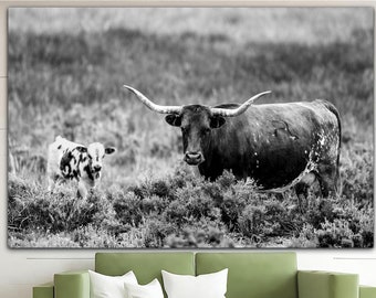 Longhorn Cow Print on Canvas Calf Poster Black and White Wall Art Wall Hanging Decor Farm Animal Print for Farmhouse Decor