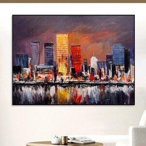 Abstract Cityscape Oil Painting: Colorful Skyline, Modern Urban Wall Decor (40&quot;x54&quot;)
