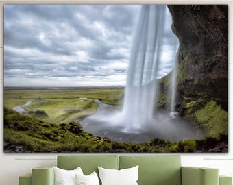 Waterfall Wall Art Canvas Iceland Print Seljalandsfoss Waterfall Poster Multi Panel Wall Art Iceland Landscape Poster for Staircase Decor