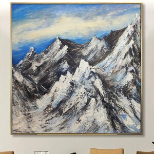 Textured Mountain Painting: Snowy Alpine Peaks, Winter Nature Art