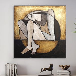 Cubist Female Figure Painting: Gold Geometric Abstract Art (40&#39;x40&quot;)