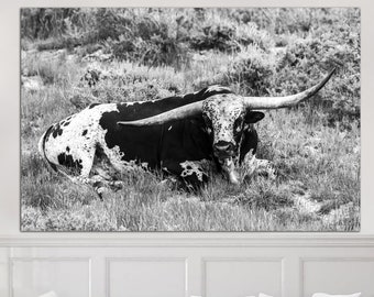 Longhorn Cow Print on Canvas Animal Wall Art Black and White Poster Multi Panel Wall Art Texas Longhorn Poster for Farmhouse Decor