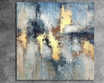 Large Abstract Blue Print On Canvas Original Creative Gold Leaf Art Textured Print Wall Hanging Decor for Indie Room Decor