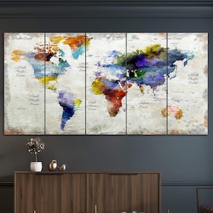 水彩画の世界地図キャンバス カラフルな抽象画 アトラスプリント ヴィンテージ アドベンチャー マルチパネルプリント ワンダーラストにインスパイアされた旅行用壁装飾