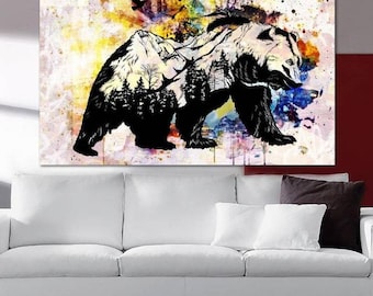 Large Grizzly Bear Wall Art Abstract Wildlife Canvas Print Rustic Modern Lodge Decor Gift