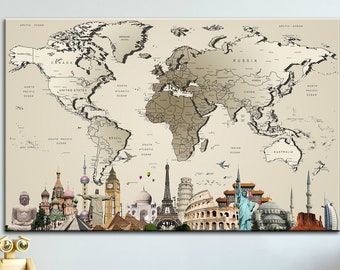 Carte du monde Toile Mur Décor Carte du monde originale Carte du monde Push Pin Carte de voyage Carte du monde Affiche Carte du monde Cadeau Carte du monde Imprimer sur toile