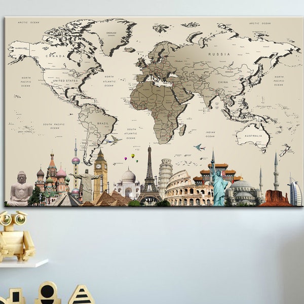 Mapa del mundo Lienzo Decoración de la pared Mapa del mundo original Empujar el mapa del mundo Mapa del mundo Cartel del mapa del mundo Regalo del mapa del mundo Imprimir en lienzo