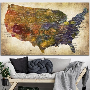 United States Map Large Wall Art USA Map Canvas Print Original Travel Artwork Custom Push Pin Map Gift North America Map Poster Home Decor image 1