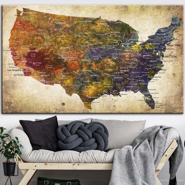 United States Map Large Wall Art USA Map Canvas Print Original Travel Artwork Custom Push Pin Map Gift North America Map Poster Home Decor