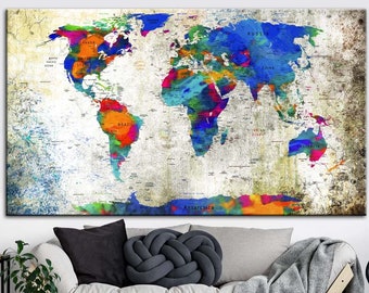 World Map Canvas Wall Art Colorful Poster Blue World Map Print Multi Panel Wall Art Geographical Map of the World Poster for Office Decor