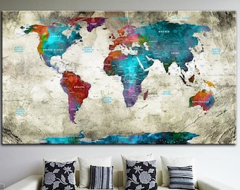 Push Pin World Map Stampa su tela Mappa del mondo colorata Foto Mappa del mondo senza cornice Stampa multi pannello Arte moderna per la decorazione della parete del soggiorno