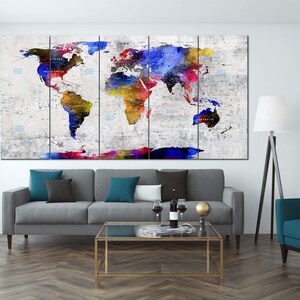 Watercolor World Map Canvas Abstract Map Multi Panel Print Colorful ...