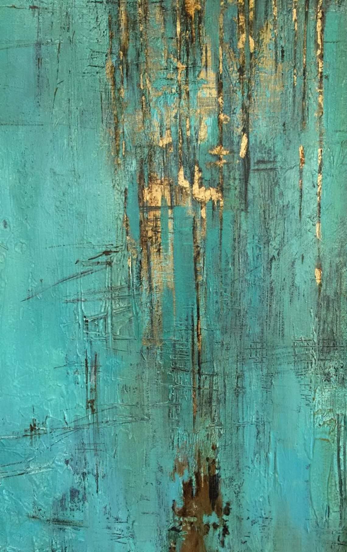 素朴なターコイズゴールドの抽象画 - モダンな壁のテクスチャアート