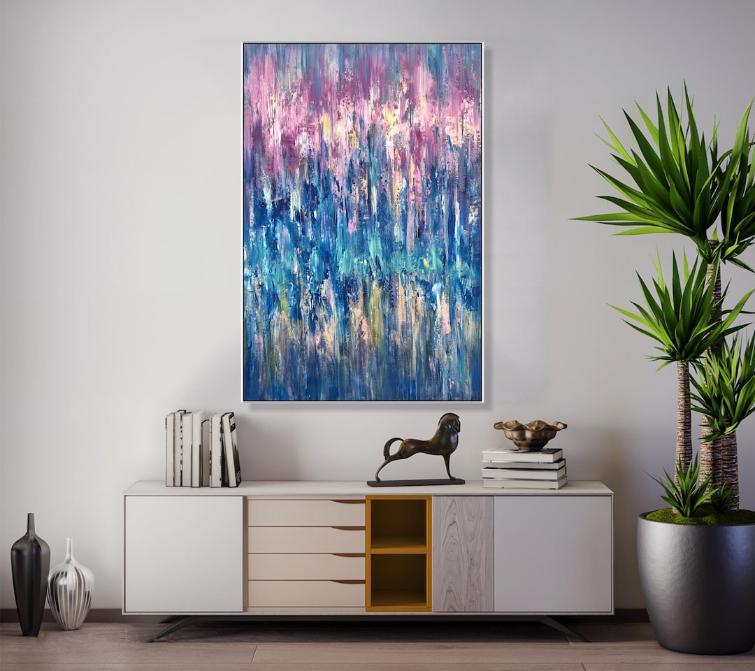 青とピンクのアクリル抽象画 キャンバスに描かれた大きな抽象的な青とピンクのアクリル画（54インチ