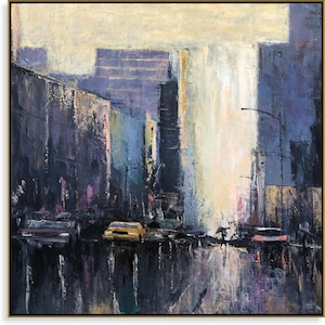 Rainy Abstract Cityscape Oil Painting Moody Urban Skyline Wall Art NYC Street Scene Canvas Painting Original Wall Decor for Home 40"x40"