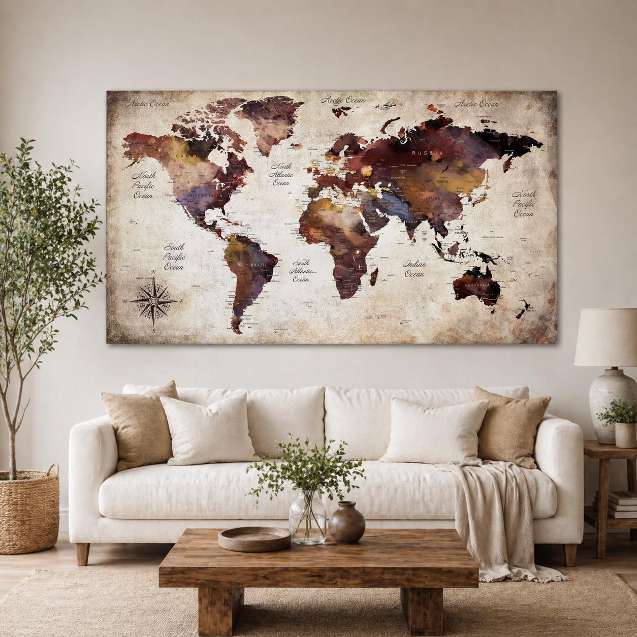 Large Vintage World Map Painting, Rustic Earth Tone Canvas Art, Travel Wall Decor